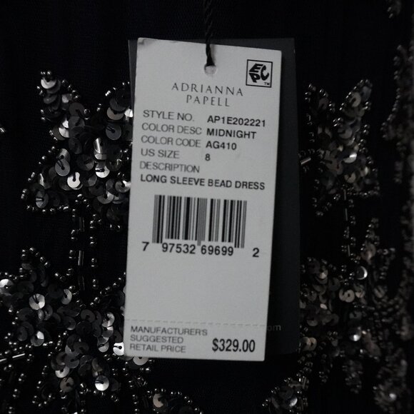 Adrianna Papell Midnight Blue Long Sleeve Beaded Dress - NWT - Picture 8 of 9